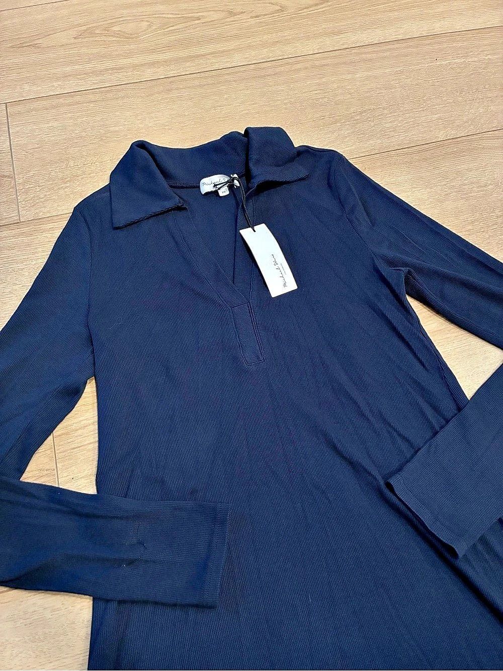 NWT Michael Stars Collared Long Sleeve Mini Dress Ribbed Navy Size XS